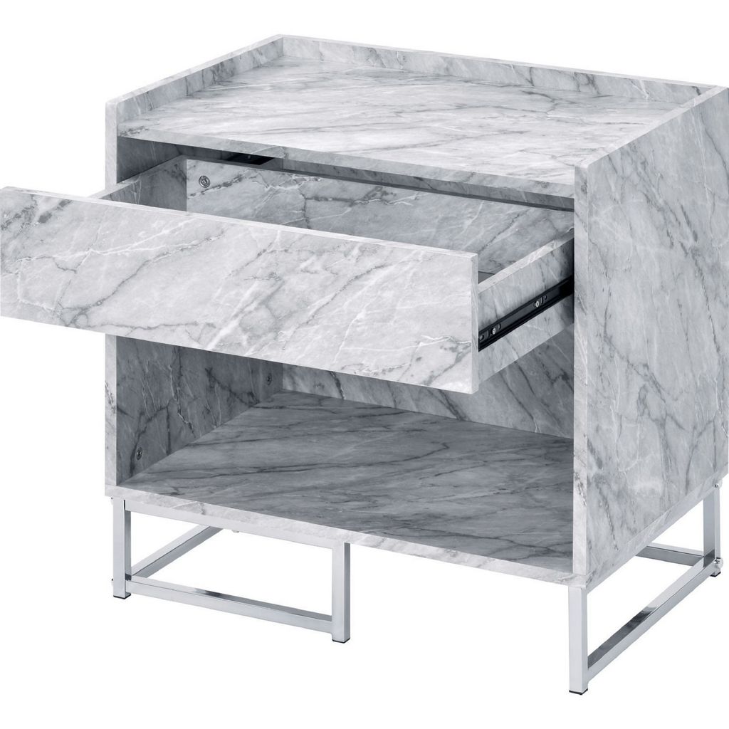Faux Marble Accent Table with Chrome Finish, White - View 4