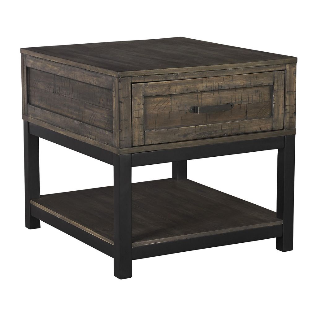 Two Tone Wooden End Table with 1 Drawer and Metal Base, Brown and Black