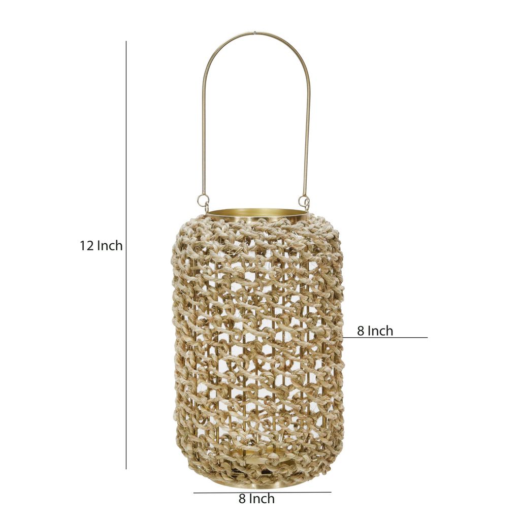 Cylindrical Rattan Lantern with Metal Frame and Handle,Large,Brown and Gold - View 5
