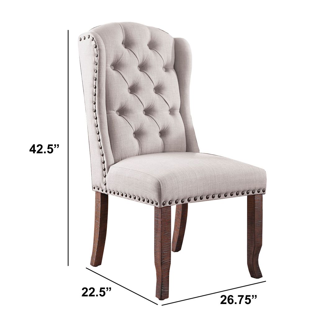 Button Tufted Fabric Upholstery Wingback Chair, Cream And Brown, Pack Of Two - View 6