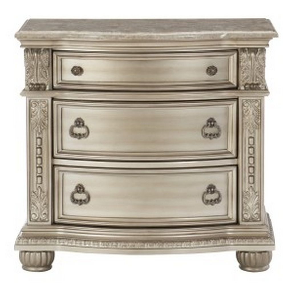 Caitlin 35 Inch 3 Drawer Nightstand with Marble Top, Leaf Carvings, Silver - View 2