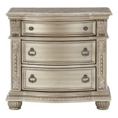 Caitlin 35 Inch 3 Drawer Nightstand with Marble Top, Leaf Carvings, Silver - View 2