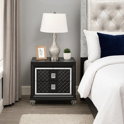 2 Drawer Wooden Nightstand with Mirror Accents and Diamond Pattern, Black - View 7