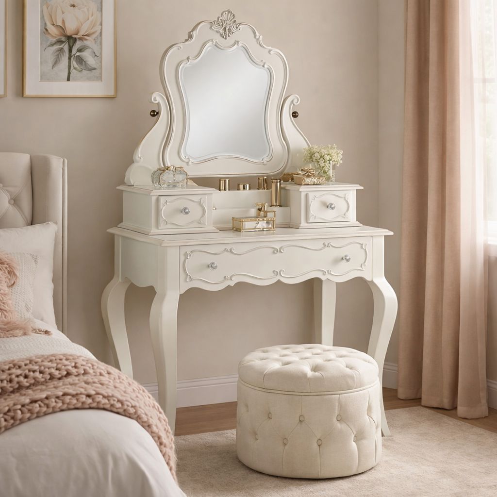 63 Inch Wood Classic Vanity Desk with Mirror, 3 Drawers, Carved, White - View 7