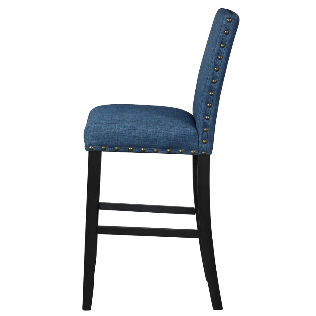 Bar Chair with Fabric Seat and Nailhead Trim, Set of 2, Blue - View 4
