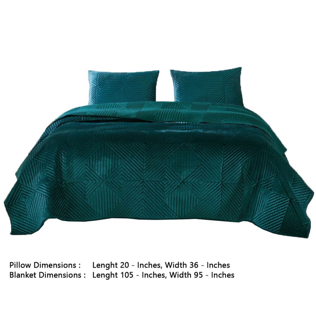 Bann 3 Piece King Quilt Set with Geometric Design, Green - View 5