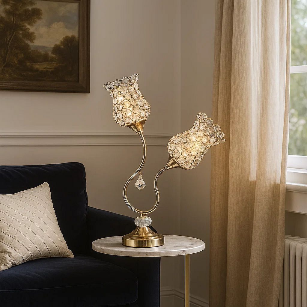 Metal Table Lamp with Floral Trumpet Shade and Crystal Accents, Gold - View 7