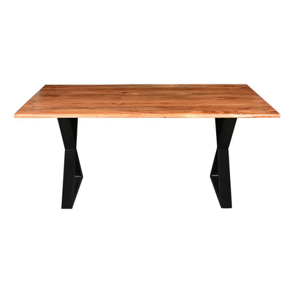 67 Inch Rectangular Dining Table with Crossed Black Metal Legs and Natural Brown Faux Live Edge Acac - View 2