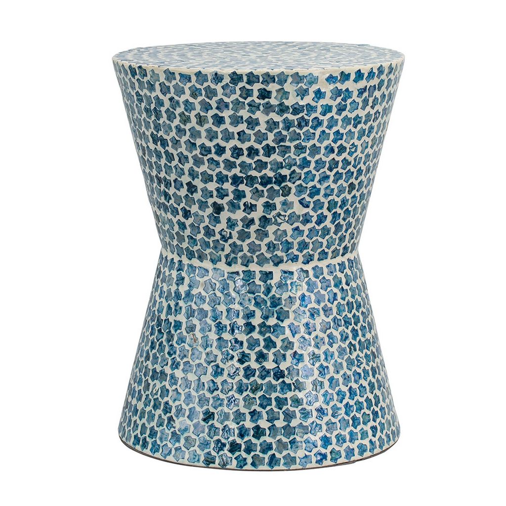 Ivy 20 Inch Luxury Accent Table Stool, Mosaic Tile Pattern, White, Blue - View 2