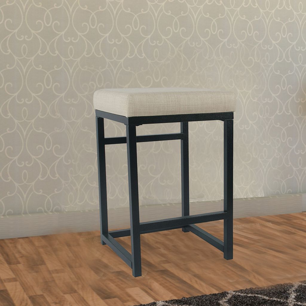 Open Back Metal Counter Stool with Fabric Upholstered Padded Seat, Beige and Black - View 7