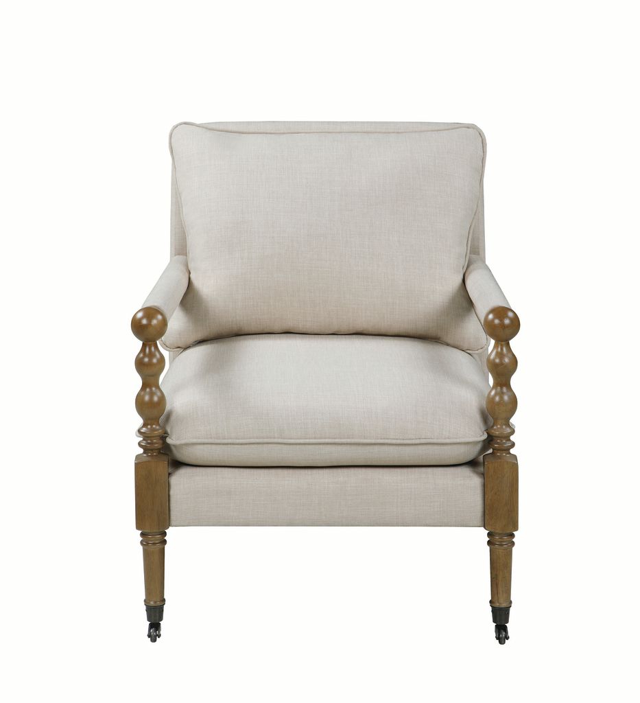 Fabric Upholstered Wooden Accent Chair with Manchette Armrest, Beige and Brown - View 2
