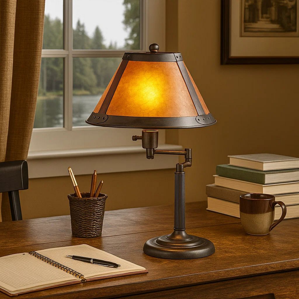 Metal Body Swing Arm Table Lamp with Conical Mica Shade, Bronze - View 7