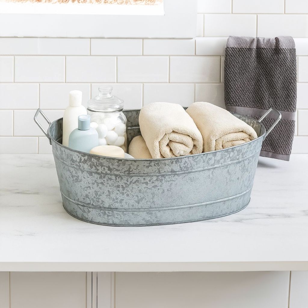 Thea Embossed Design Oval Shape Galvanized Steel Tub with Side Handles, Large, Silver - View 7