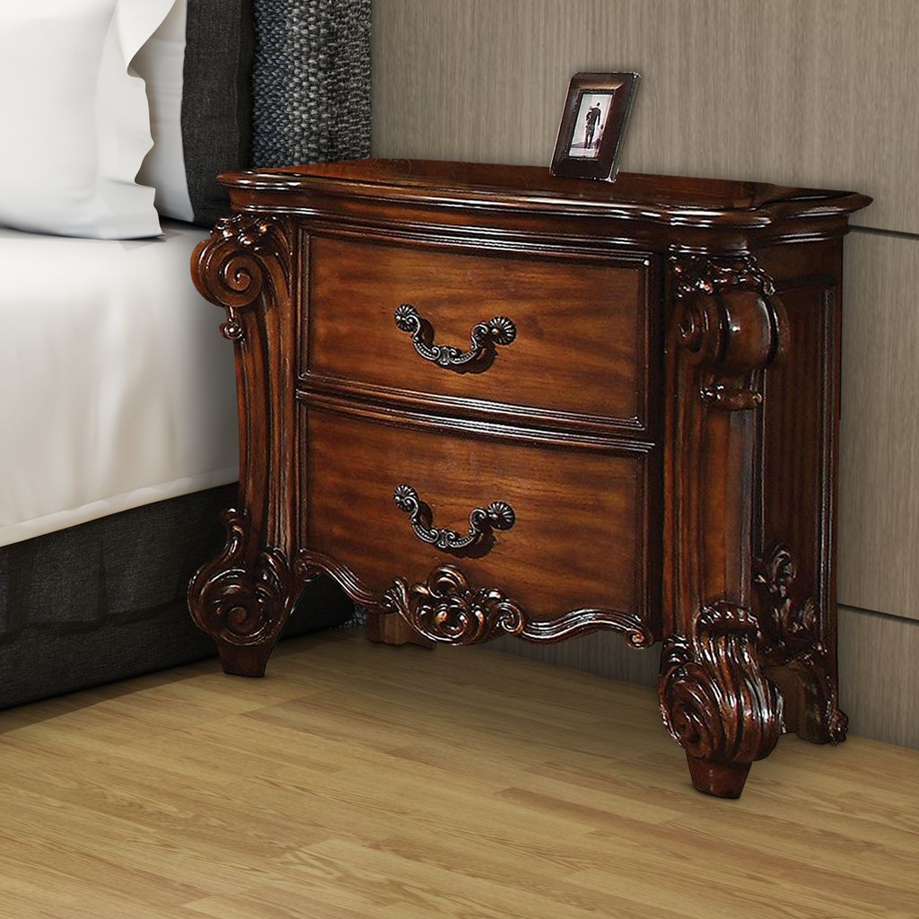 Traditional Style Wooden Nightstand with Two Drawers, Cherry Brown - View 7
