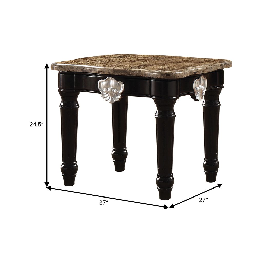 Marble Top End Table With Contrast Carved Motif Turned Wood Legs, Black - View 6