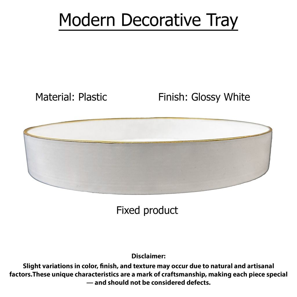 Mimosa Plastic Round Tray, Gold Accented Trims, Glossy White - View 7