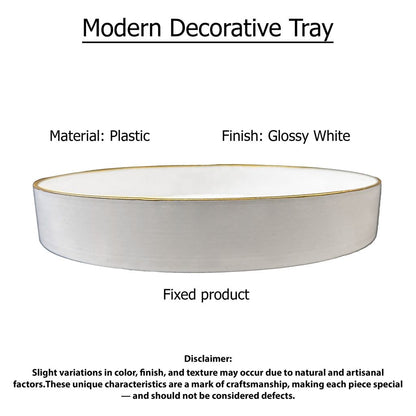 Mimosa Plastic Round Tray, Gold Accented Trims, Glossy White - View 7