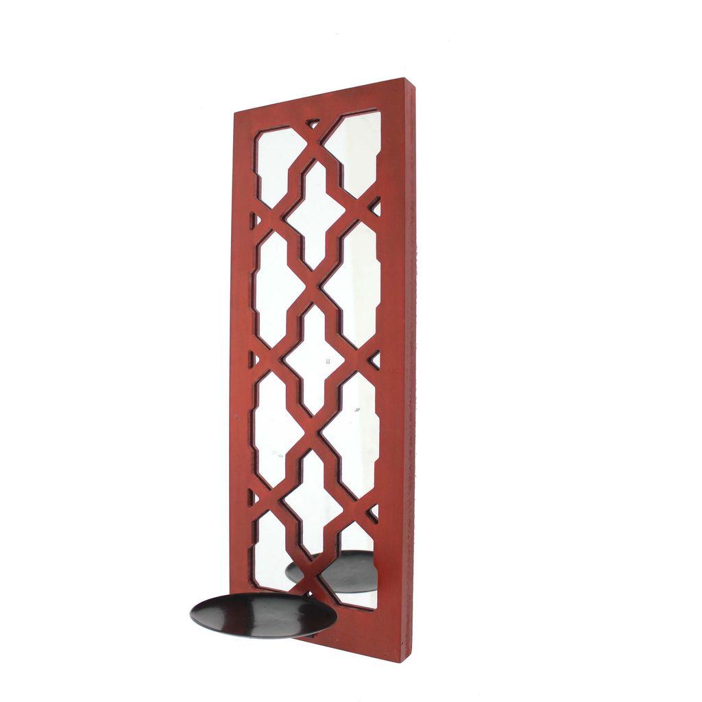 Quatrefoil Pattern Wooden Candle holder Set of 2 with Mirror Insert, Red