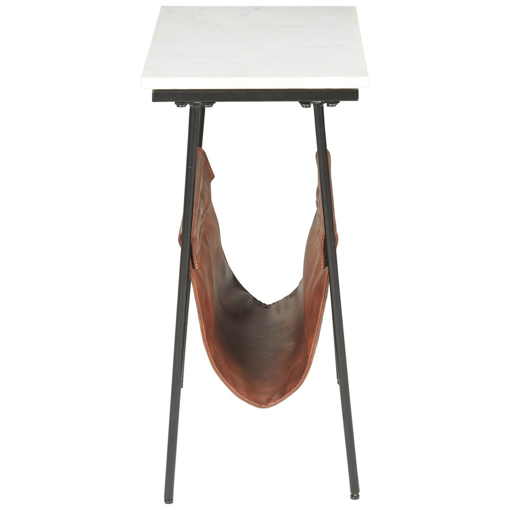 Marble Top Accent Table with Faux Leather Swing Holder, White and Brown - View 3