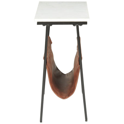 Marble Top Accent Table with Faux Leather Swing Holder, White and Brown - View 3
