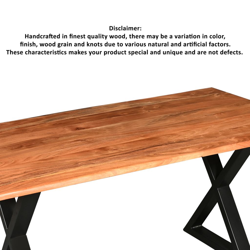 67 Inch Rectangular Dining Table with Crossed Black Metal Legs and Natural Brown Faux Live Edge Acac - View 6
