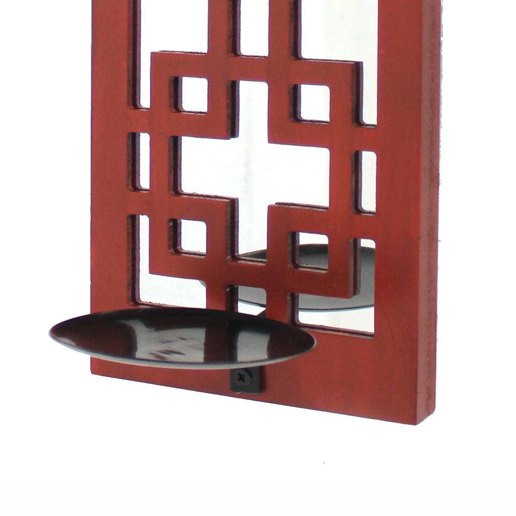 Lattice Design Wooden Frame Candle Holder Set of 2 with Mirror Insert, Red - View 3