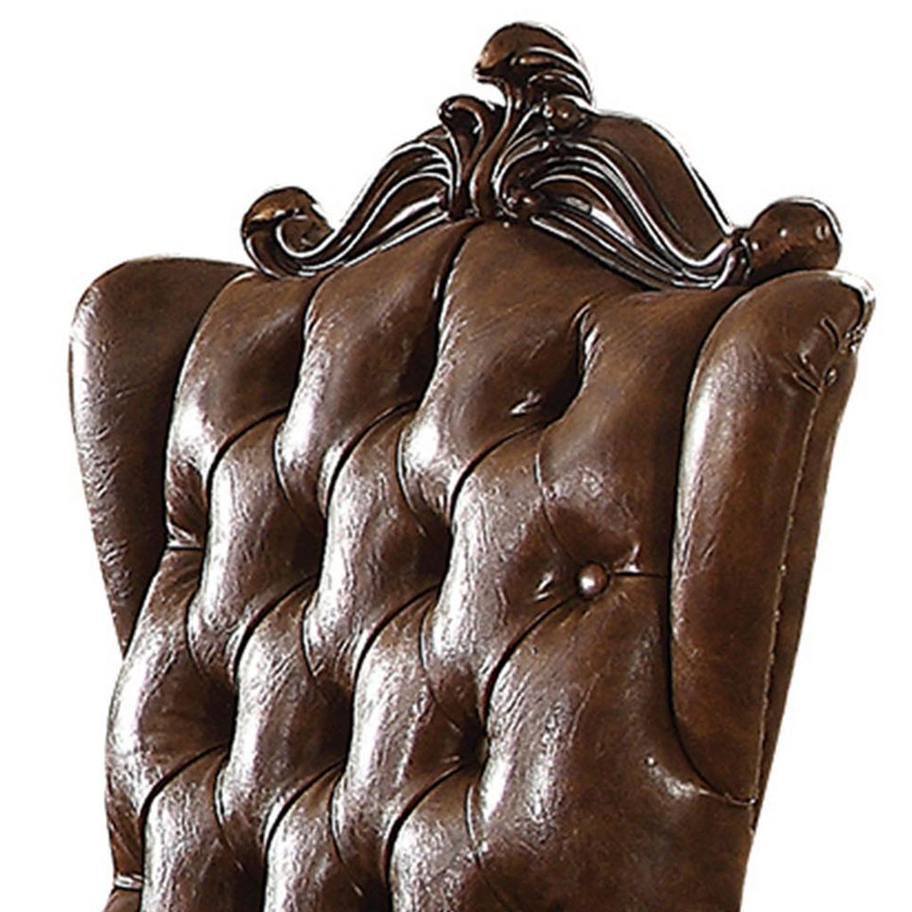 Wooden Arm Chair with Button Tufted Backrest and Carved Details, Set of 2, Brown - View 4