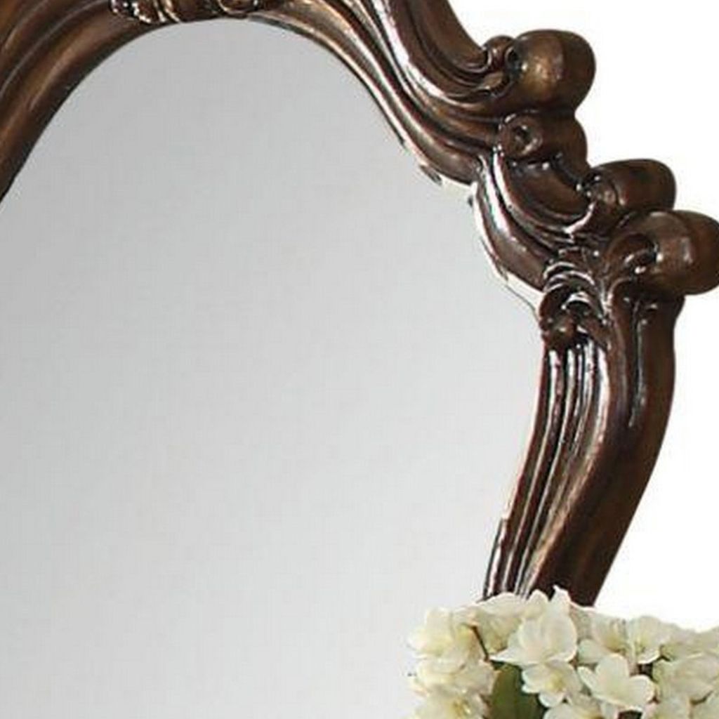 Scroll and Molded Wooden Mirror with Carved Details, Cherry Brown - View 5