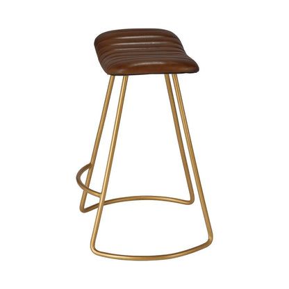 Counter Stool with Leatherette Vertical Channel Stitching, Brown and Antique Brass - View 4