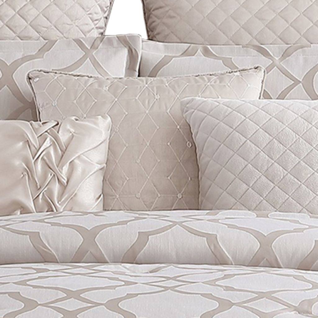 9pc Queen Size Comforter Set with Quatrefoil Prints, White Polyester - View 4