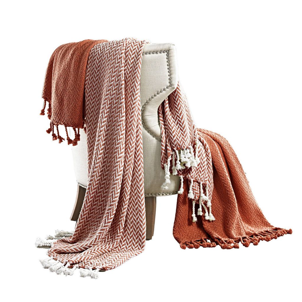 Calabria Herringbone Cotton Throw The Urban Port, Set of 2, Red and White - View 3