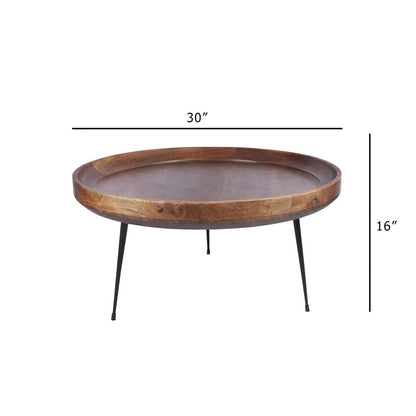 Gia Round Mango Wood Coffee Table With Splayed Metal Legs, Brown and Black - View 7