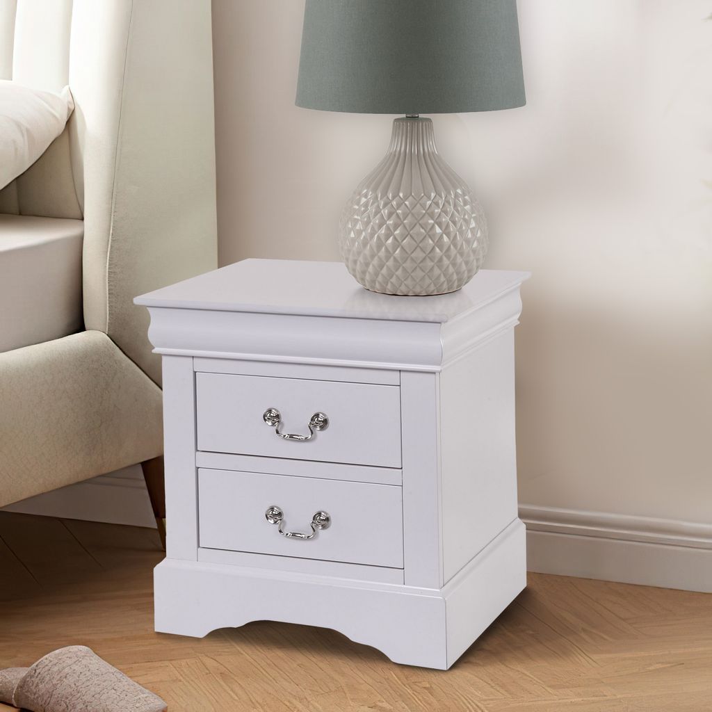 24 Inch Modern Classic Nightstand, 2 Drawers, Drop Handles, Wood, White - View 6