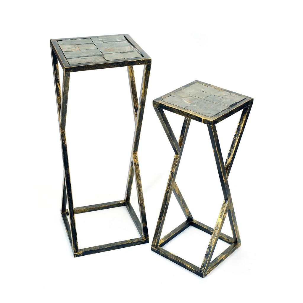 Stone Top Plant Stand with Geometric Base, Set of 2, Black and Gray - View 2