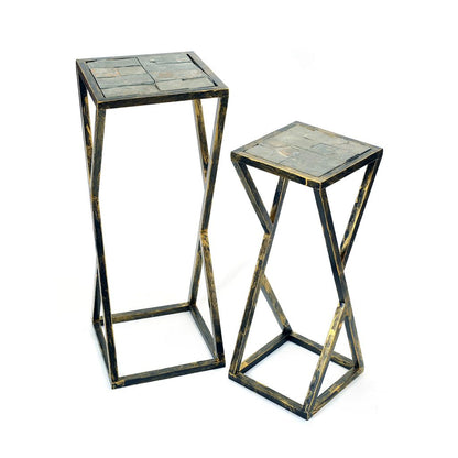 Stone Top Plant Stand with Geometric Base, Set of 2, Black and Gray - View 2