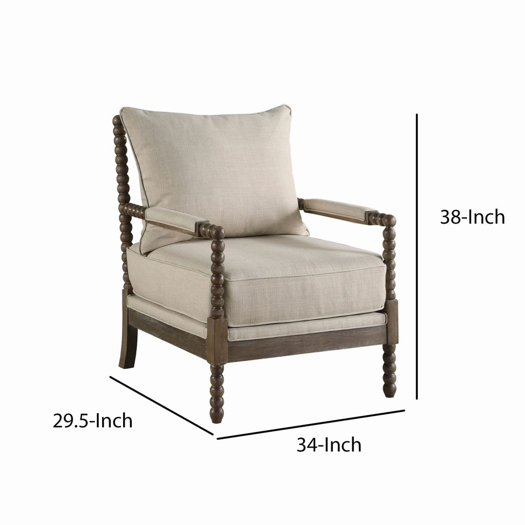 Cushioned Back Fabric Upholstered Spindle Accent Chair, Beige and Brown - View 5