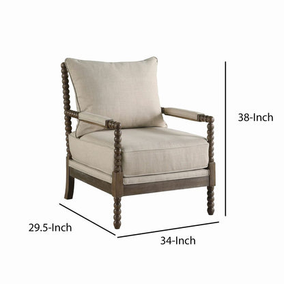 Cushioned Back Fabric Upholstered Spindle Accent Chair, Beige and Brown - View 5