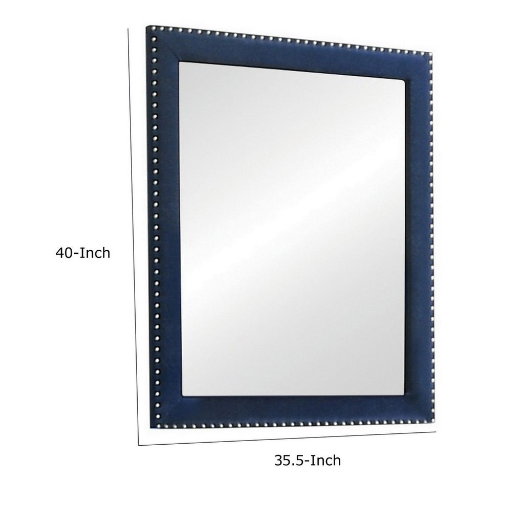 Cale 40 Inch Modern Glam Portrait Mirror, Nailhead, Blue Velvet Upholstered - View 5