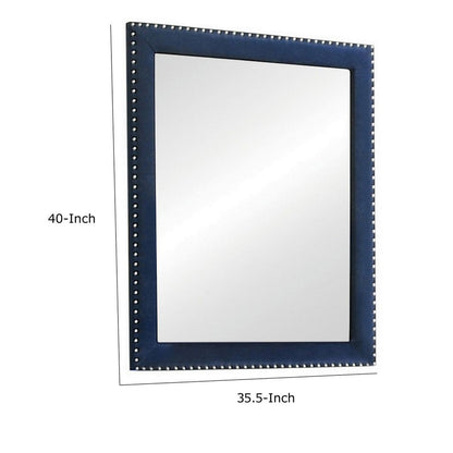 Cale 40 Inch Modern Glam Portrait Mirror, Nailhead, Blue Velvet Upholstered - View 5