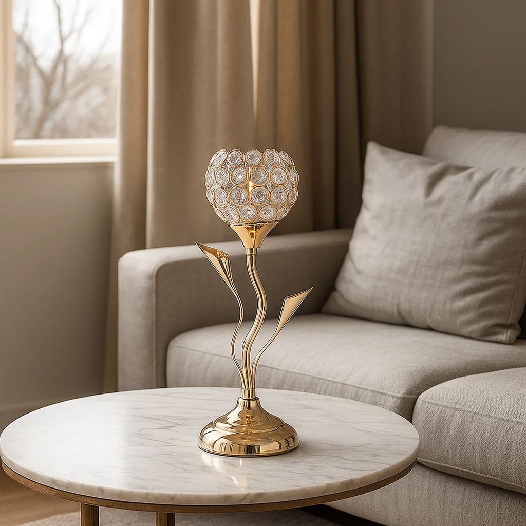 Metal Table Lamp with Floral Shade and Acrylic Crystals, Gold - View 7