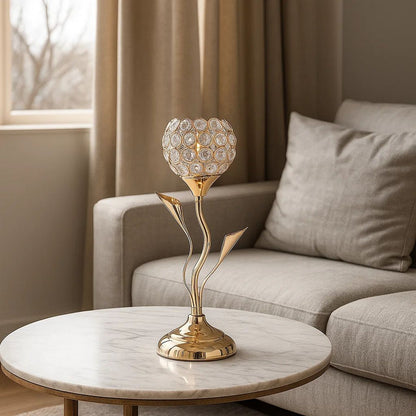 Metal Table Lamp with Floral Shade and Acrylic Crystals, Gold - View 7