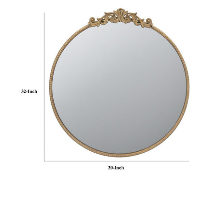 Kea 32 Inch Vintage Round Wall Mirror, Gold Metal Frame, Baroque Design - View 5