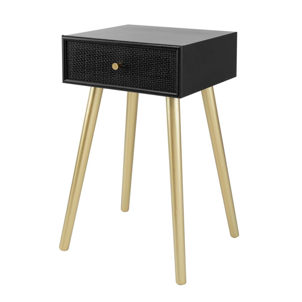 Gaia 28 Inch Pine Wood Side End Table, Gliding Rattan Drawer, Black, Gold