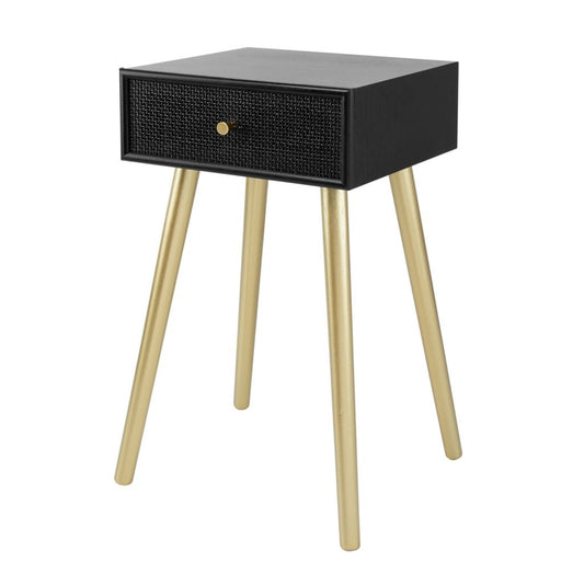 Gaia 28 Inch Pine Wood Side End Table, Gliding Rattan Drawer, Black, Gold