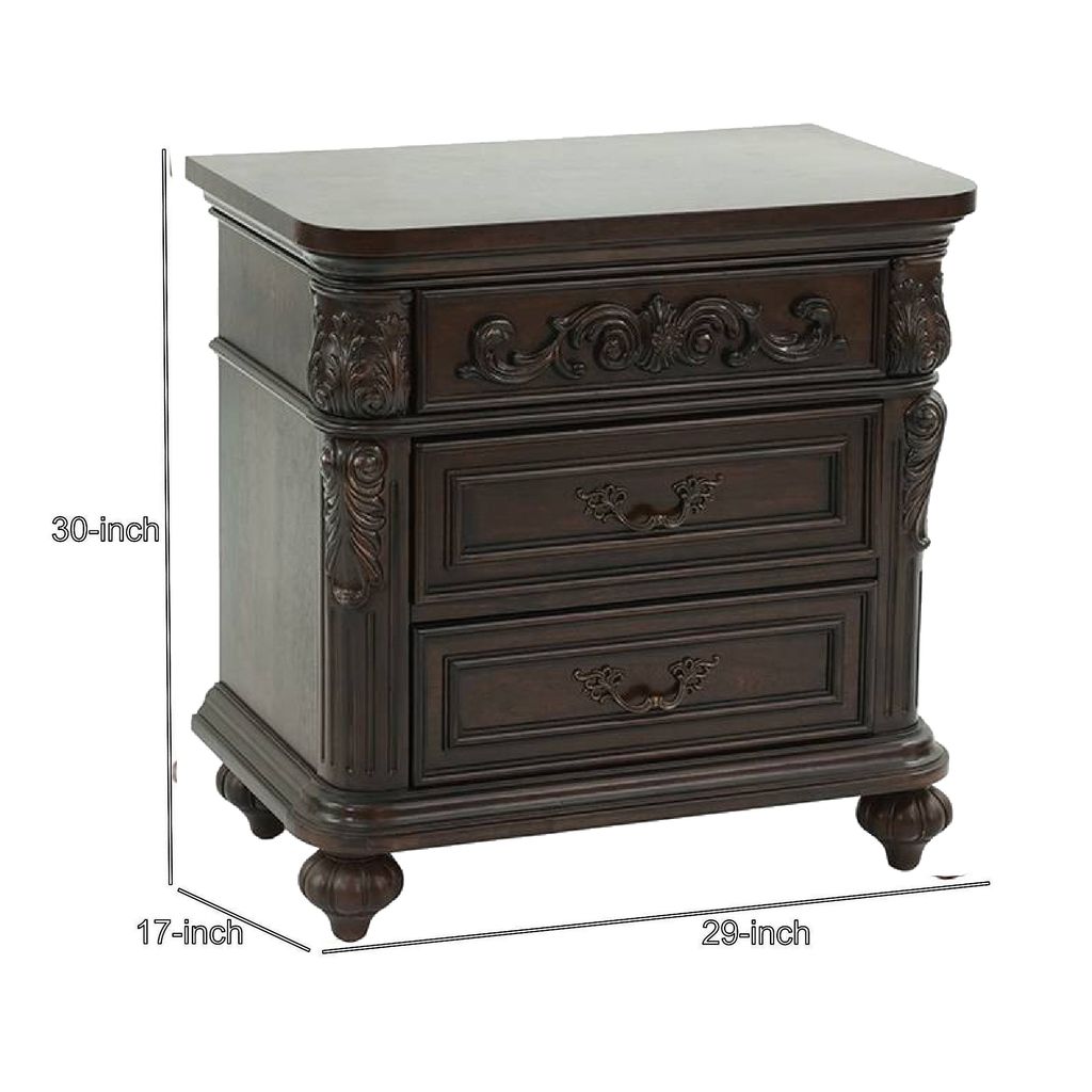 30 Inches 3 Drawer Engraved Wooden Nightstand, Brown - View 6