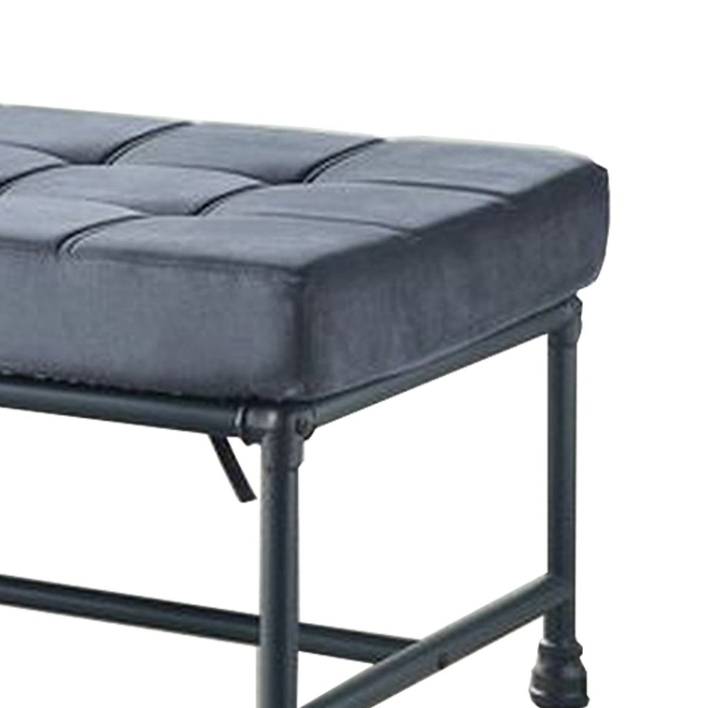 Bench with Button Tufted Seat and Pipe Style Metal Frame, Gray - View 4
