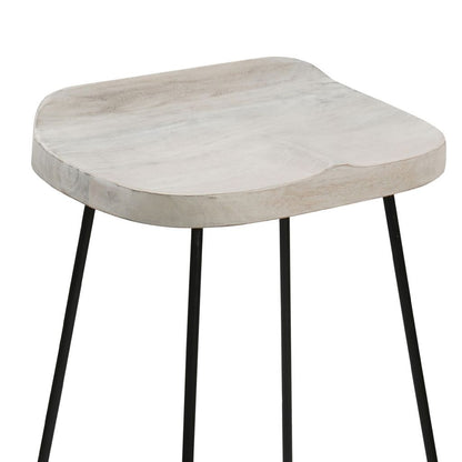 Tiva 30 Inch Handcrafted Backless Barstool, Whitewashed Mango Wood Saddle Seat, Black Metal Base - View 6