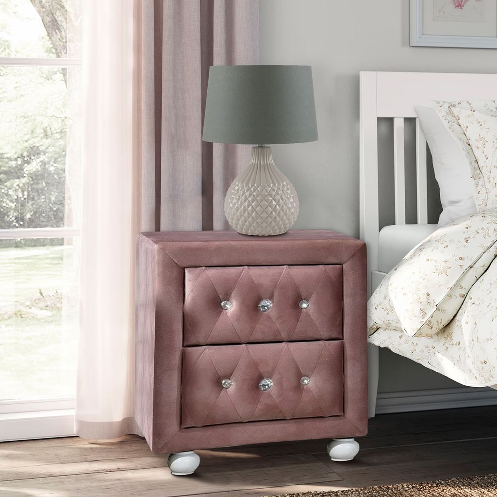 Rex 17 Inch Modern Upholstered Nightstand, 2 Drawer, Crystal Handles, Pink - View 6