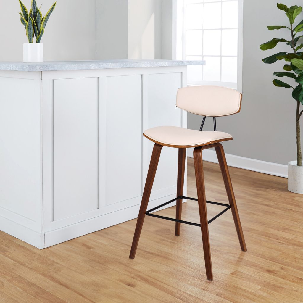 28.5 Inches Contoured Seat Leatherette Barstool, Cream - View 7