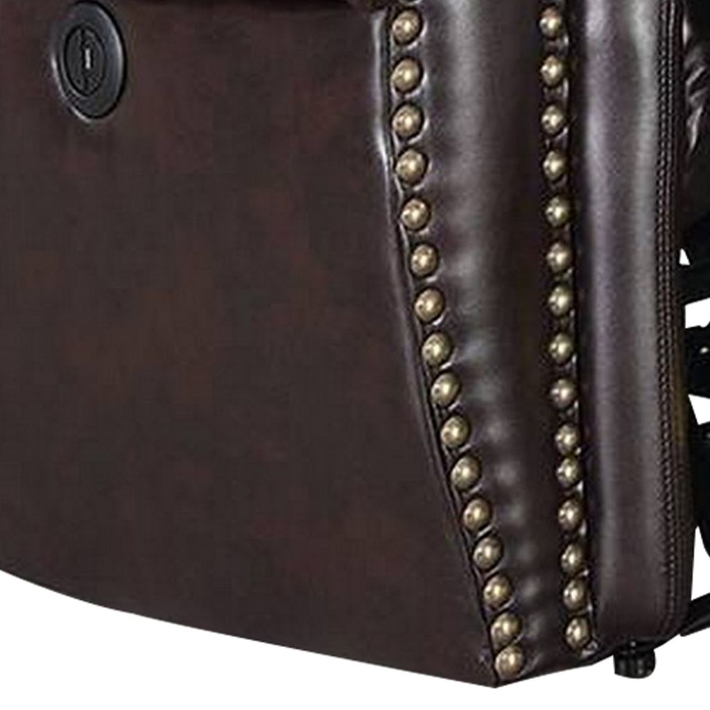Nailhead Trim Leatherette Power Recliner, Brown - View 2